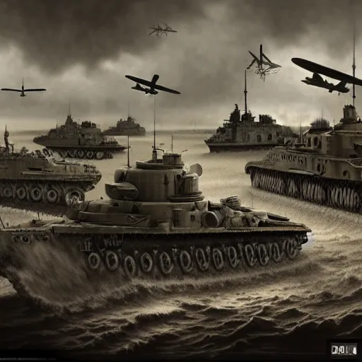 Image similar to the the D day WW2 in roblox, photo from 1940s, very detailed, fantasy, dramatic, intricate, elegant, highly detailed, digital painting, artstation, concept art, smooth, sharp focus, illustration, art by Gustave Dore, octane render