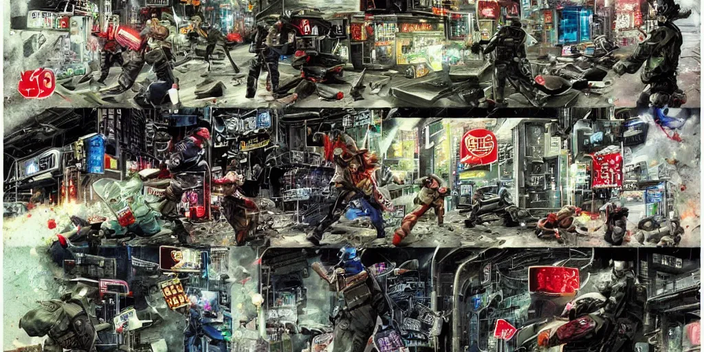 Image similar to 1992 Video Game Concept Art, Anime Neo-tokyo Cyborg bank robbers vs police, Set in Cyberpunk Bank Vault, bags of money, Multiplayer set-piece :9, Police officers hit by bullets, Police Calling for back up, Bullet Holes and Blood Splatter, :6 ,Hostages, Smoke Grenades, Large Caliber Sniper Fire, Chaos, Cyberpunk, Money, Anime Bullet VFX, Machine Gun Fire, Violent Gun Action, Shootout, Escape From Tarkov, Payday 2, Highly Detailed, 8k :7 by Katsuhiro Otomo + Studio Gainax : 8