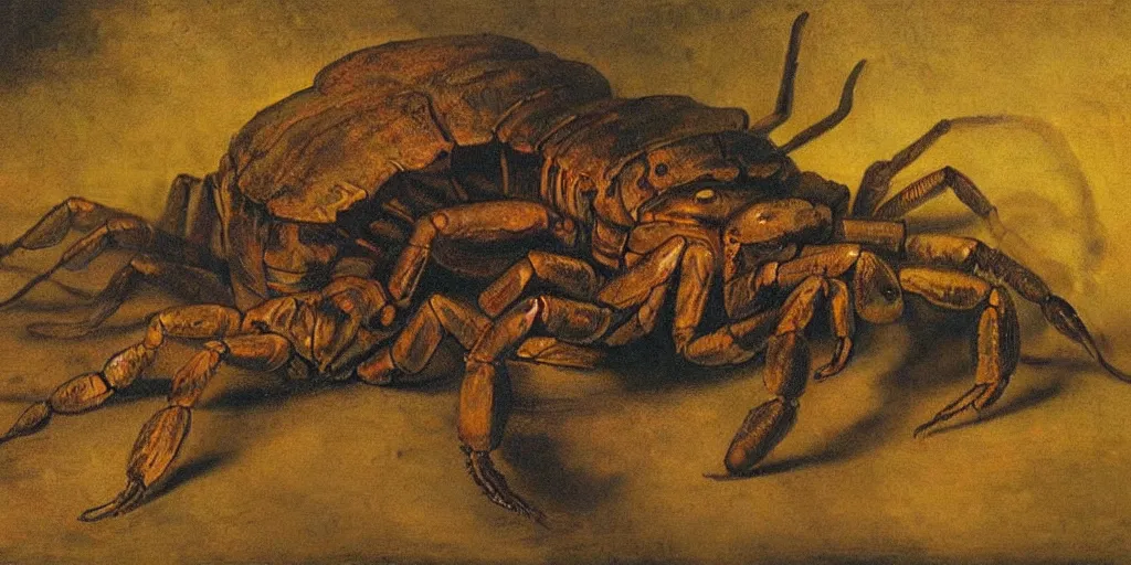 Prompt: giant scorpion. huge claws, demonic face with a thousand eyes. Surrounded by crying children. Oil painting by rembrandt.