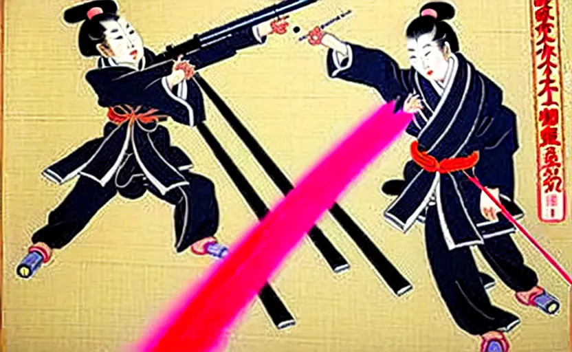 Image similar to a Japanese painting of the emperor of Japan shooting a laser gun