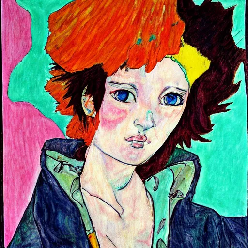 Prompt: colorful anime girl painted in the style of egon schiele