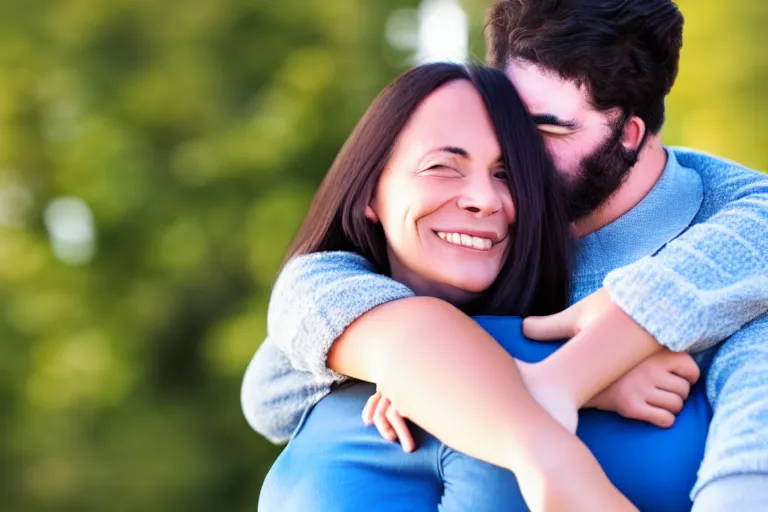 Image similar to a woman hugging a man who is standing straight with his arms at his sides