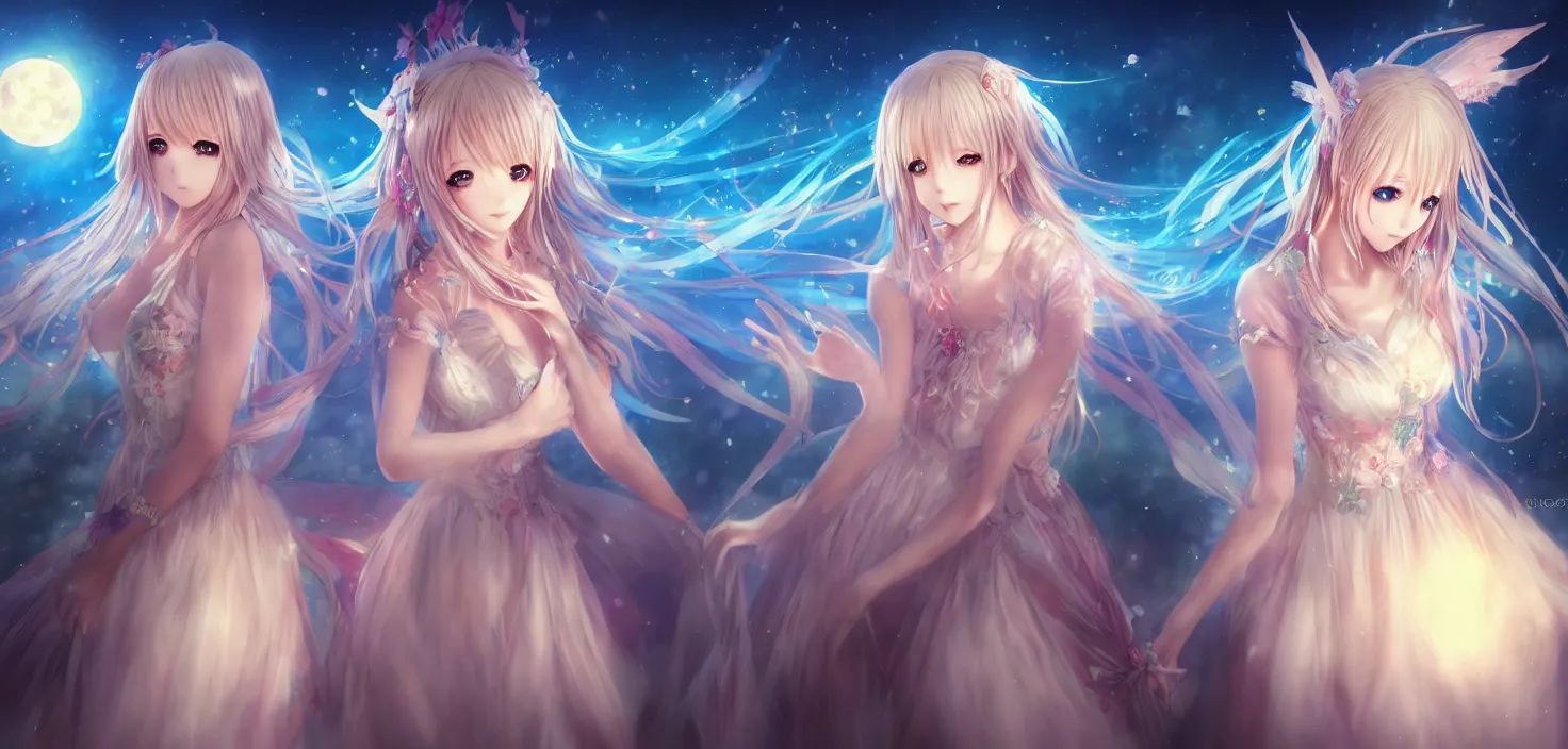 Image similar to two beautiful anime girls wear fantasy dress in festival | | sunny night, full moon, dreamlike art, realistic shaded, smile, good looking, hyper details, 4 k realistic, cryengine, realistic shaded lighting poster by artgerm, ross tran, fuji choko, 8 k resolution, trending on artstation, luxury