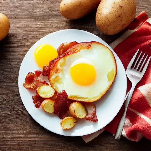 Image similar to a potato egg and bacon breakfast, yummy, 4k, professional photo