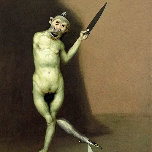 Image similar to Clever monkey with a long knife, very detailed and colorful, by Santiago Caruso, by Odd Nerdrum, by Francisco Goya, beautiful, eerie, surreal, psychedelic