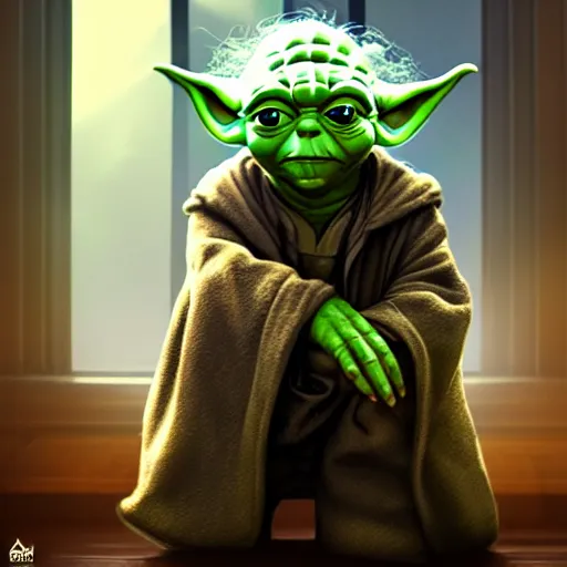 Image similar to yoda sitting in a chair in his living room with sunlight pouring in through a window, portrait, fantasy, beautiful face, vivid colors, elegant, concept art, sharp focus, digital art, hyper - realistic, 4 k, unreal engine, highly detailed, hd, dramatic lighting by brom, trending on artstation