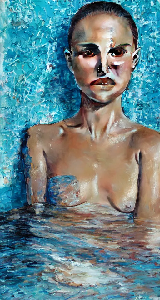 Prompt: Natalie Portman in marrakech Next to the pool, portrait,digital art,ultra realistic,ultra detailed,oil on canvas,art by Jenny Saville