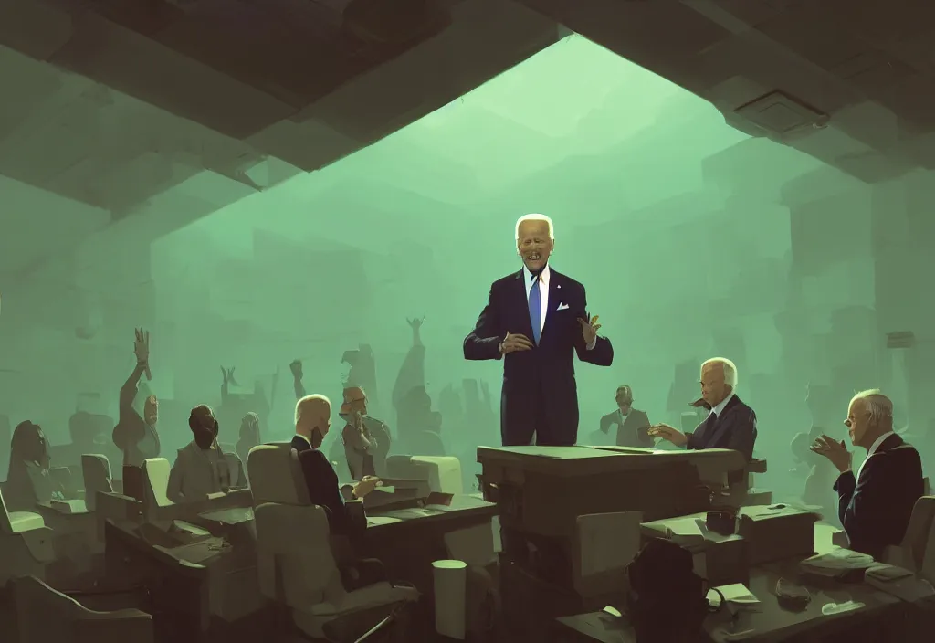 Image similar to joe biden in the democratic party headquarters, epic debates, presidental elections candidates, cnn, fox news, fantasy, by atey ghailan, by greg rutkowski, by greg tocchini, by james gilleard, by joe gb fenton, dynamic lighting, gradient light green, brown, blonde cream, salad and white colors in scheme, grunge aesthetic