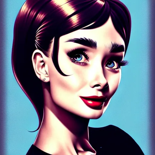 Image similar to in the style of diego fazio, artgerm, beautiful audrey hepburn, steampunk, full color, elegant pose, middle shot waist up, symmetrical face symmetrical eyes, three point lighting, detailed realistic eyes, short neck, insanely detailed and intricate elegant