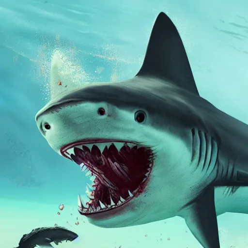Image similar to a shark underwater with bloody mouth by greg rutkowski