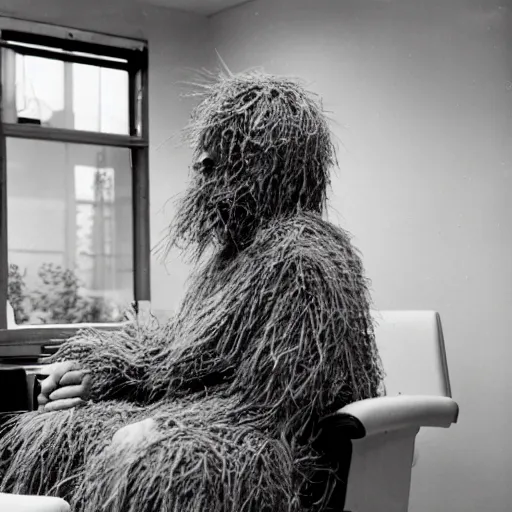 Prompt: a man wearing a ghillie suit, sitting in a waiting room, film still, panavision panaflex