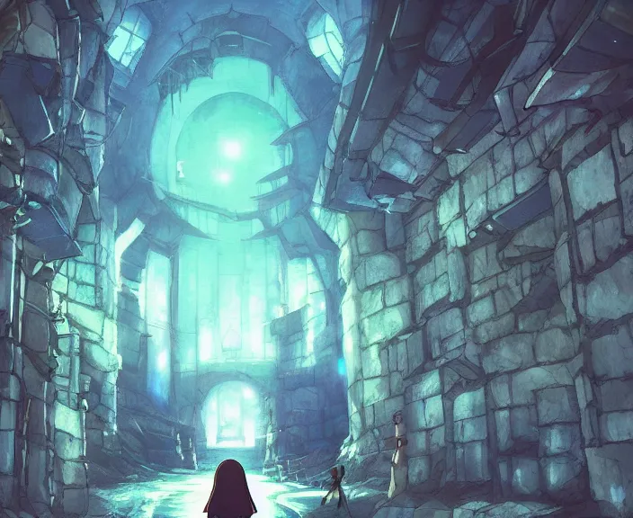 Image similar to A dark underground dungeon with a portal to another dimension, peaceful and serene, incredible perspective, soft lighting, anime scenery by Makoto Shinkai and studio ghibli, very detailed