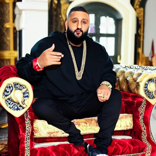 Prompt: DJ Khaled wearing a VR headset, sitting on an ornate red velvet throne