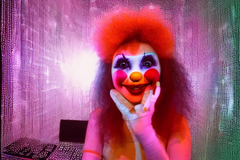 Prompt: cute clowngirl in clowncore cyberspace, fractal, in 2 0 5 5, y 2 k cutecore clowncore, bathed in the glow of a crt television, crt screens in background, low - light photograph, in style of tyler mitchell