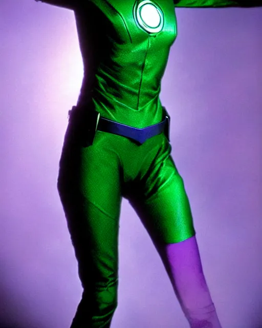 Image similar to photos of beautiful young actress Winona Ryder as a real life soranik natu soaring thru outer space as a Green Lantern, young Winona Ryder, photogenic, purple skin, short black pixie like hair, photography, studio lighting, cinematic