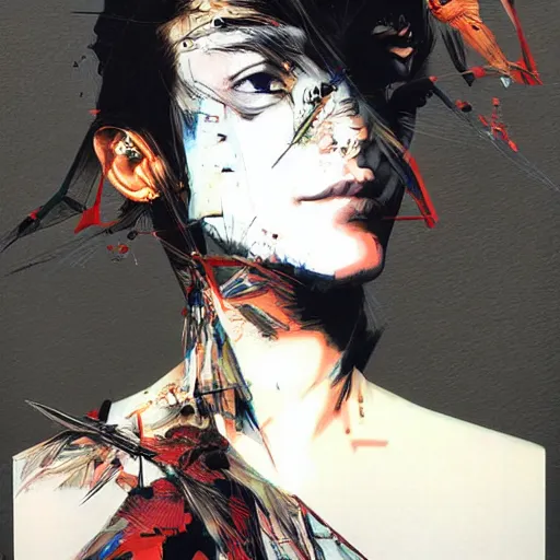 Prompt: portrait of a digital bird on the shoulder of a womain progressively rasterized into pixels, by yoji shinkawa, esao andrews and dave mckean