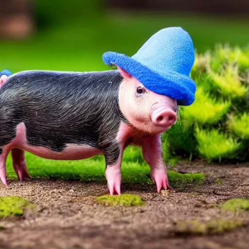 Image similar to a miniature pig wearing a cute hat!!! summer garden! hyper realistic!! realistic lighting!! wildlife photograph of the year!!! bold natural colors, national geographic, hd, wide angle, 8 k