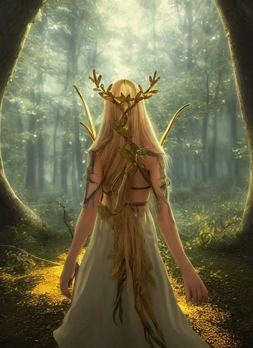 Image similar to magical forest with gold and silver leafs, music, girl with blond long hair back view, elves, lord of the rings style, ultra detailed, trending on artstation, concept art, octane render, unreal engine,