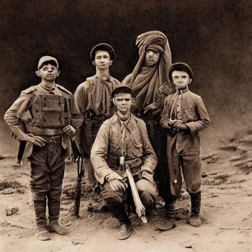 Prompt: a detailed photorealistic sepia - toned photo of a 1 9 1 7 clean - shaven british lieutenant and soldiers standing with a bedouin trader and a young arab boy, ultra realistic, painted, intricate details, lovecraft, atmospheric, dark, horror, brooding, highly detailed, by clyde caldwell