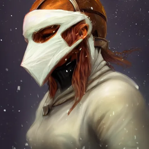 Prompt: a fantasy snow bandit from ‘ icewind dale ’ with mask, ‘ icewind dale 2 ’ profile portrait by ‘ justin sweet ’, falling snow, soft focus, illustrated, oil paint, artstation