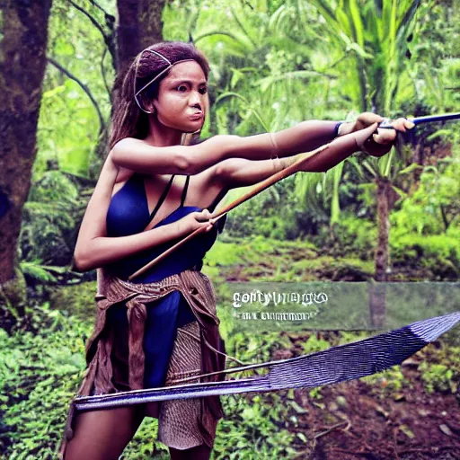 Image similar to photography, female heroine in the jungle hunting with bow and arrow, with pick axe, gettyimages, realistic face