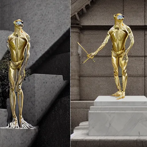 Image similar to a statue made of white marble with gold veins, of pepe the frog as general patton, full body shot, perfect symmetrical body, perfect symmetrical face, hyper realistic, hyper detailed, by johannen voss, by peter kemp, by monia merlo, by michelangelo, octane render, blender, 8 k