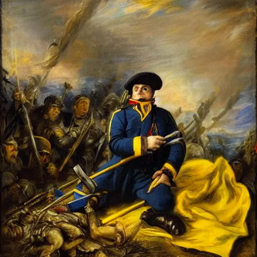 Prompt: Volodymyr Zelensky at war, dressed like Napoleon Bonaparte, sitting on the ground between dead corpses and weeping, holding a half burnt blue and yellow flag of Ukraine, sharp focus, in the style of Peter Paul Rubens