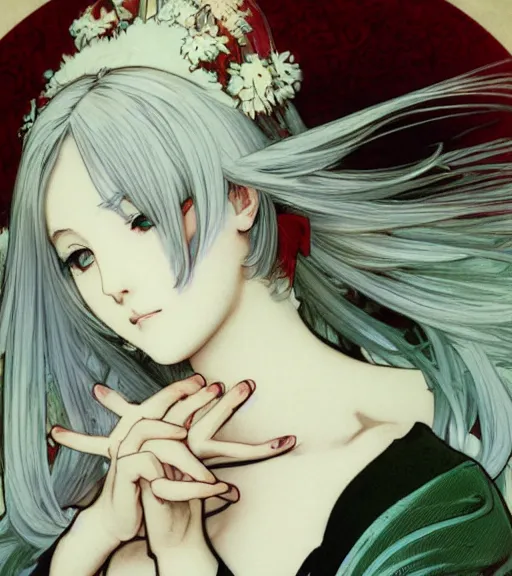 Image similar to Portrait of an anime girl with white hair wearing red gothic lolita dress, perfectly drawn hands, beautiful, 4k, smooth, sharp focus, art by Alphonse Mucha and Shirow Masamune