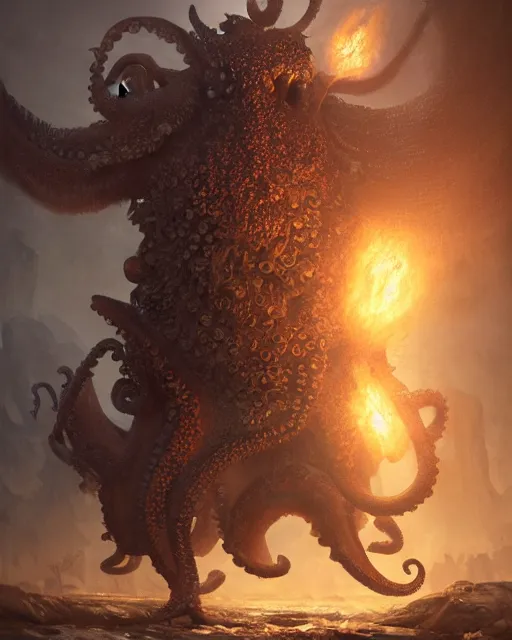 Prompt: oil painting of Angry Anthropomorphized Octopus Berserker, wearing fur armor, claws, sharp focus, attack pose, fantasy style, octane render, volumetric lighting, 8k high definition, by greg rutkowski, highly detailed, trending on art Station, magic the gathering artwork, burning Battlefield background, centered