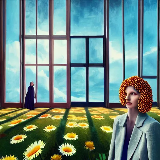 Prompt: a huge daisy flower head, woman in suit, standing next to modern window in luxury apartment, surreal photography, sunlight, impressionist painting, digital painting, artstation, simon stalenhag