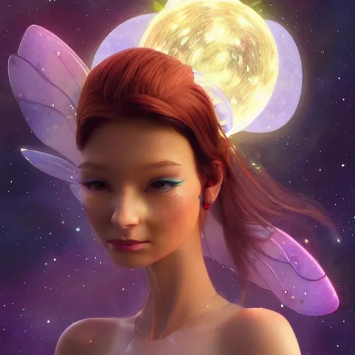 Image similar to magical fairy floating in space, epic cartoon portrait, beautiful face, stunning concept art, highly detailed, galaxy background, rendered in octane, unreal engine, trending on artstation, realistic, diviantart