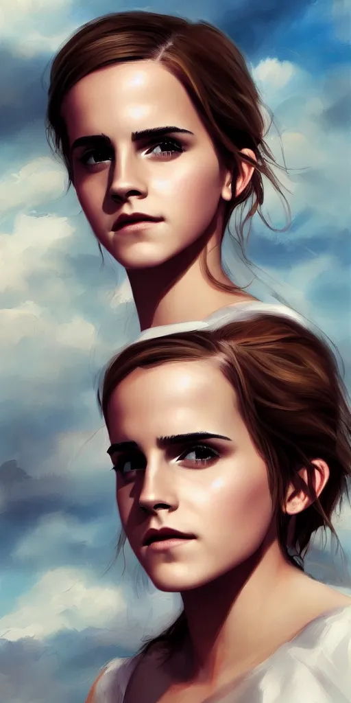 Prompt: emma watson by wlop. artstation contest winner, cinematic paint. lower shot. dramatic cloud in background.