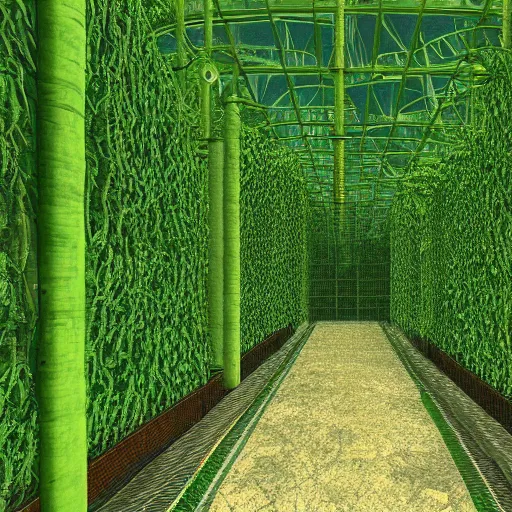 Image similar to cell-shaded advanced sci-fi nuclear modular reactor inside a giant greenhouse overgrown with vines and plants