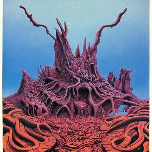 Prompt: new visions of hell, very detailed and colorful, by August Mobius, by Roger Dean, by M.C. Escher, beautiful, eerie, surreal, psychedelic