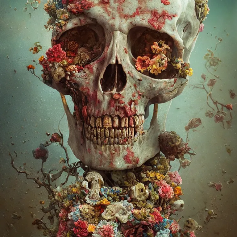 Prompt: A beautiful oil painting hyperrealism of a decayed zombie head, rotting clay skin, skull bones flowers, 8k resolution, octane render, Trending on artstation, by Gediminas Pranckevicius, volumetric light 2blue fractal Thunder glow by dan mumford, anaglyph effect, Laurie Lipton