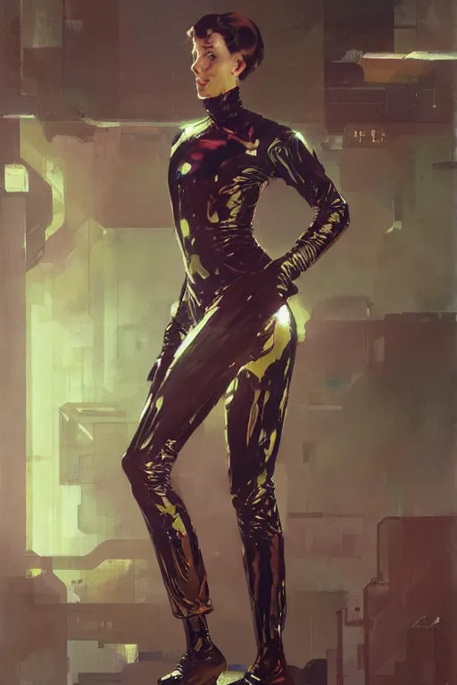 Image similar to pulp scifi fantasy illustration full body portrait of elegant woman wearing latex spacesuit, dynamic, dramatic, by norman rockwell, jack kirby, bergey, craig mullins, ruan jia, jeremy mann, tom lovell