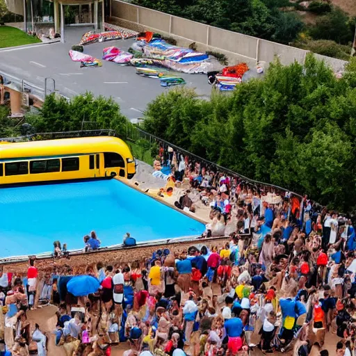 Image similar to A yellow bus, on top of the bus there is a pool and barbecue filled with people having a party, photograph