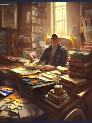 Image similar to salary man working at his desk, piles and more piles papers all over the place. intricate, elegant, highly detailed, digital painting, artstation, concept art, sharp focus, illustration, by justin gerard and artgerm, 8 k