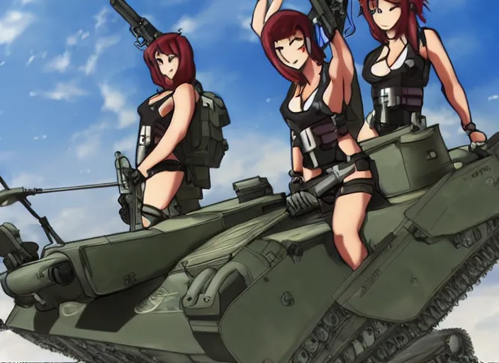 Image similar to female tank crew posing triumphantly next to their tank, anime, trending on pixiv