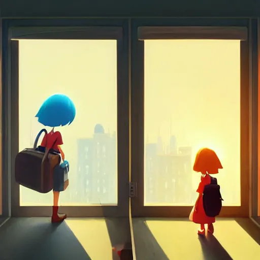 Prompt: goro fujita ilustration girl leaving home with suitcases, through the window you can see the city, warm light, painting by goro fujita, sharp focus, highly detailed, artstation