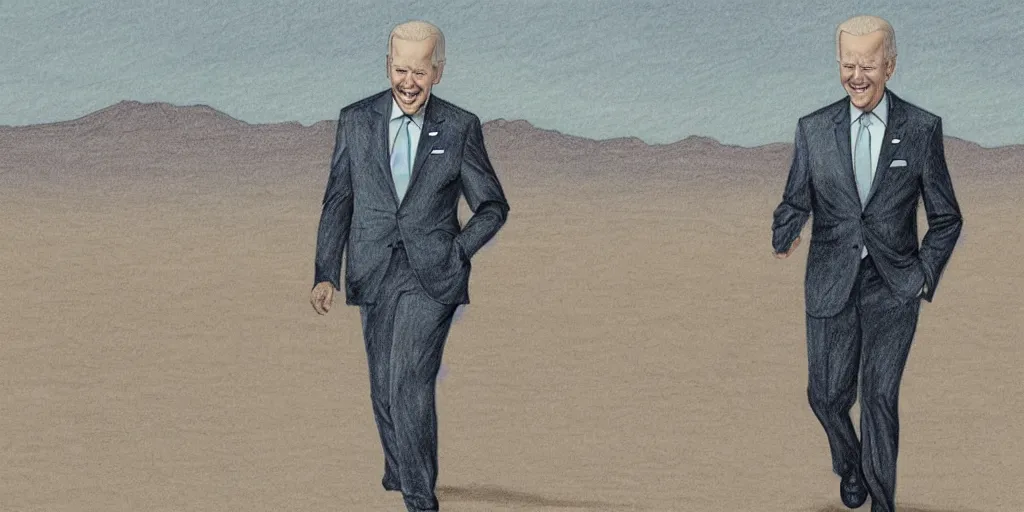 Image similar to drawing of Joe Biden , dressed in an alien costume , walking in the desert