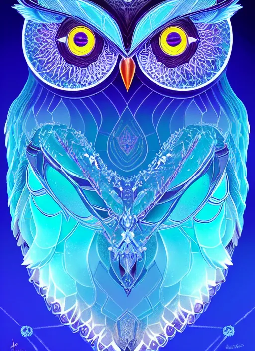 Image similar to symmetry!! product render poster vivid colors divine proportion owl, ice and snow, glowing fog intricate, elegant, highly detailed, digital painting, artstation, concept art, smooth, sharp focus, illustration,