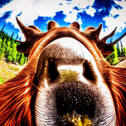 Prompt: close - up fisheye photo of a moose nose