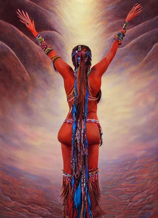 Image similar to a beautiful painting of an indigenous woman, holding up her arms to the sky, seen from behind, full body, matte painting, fantasy art, ayahuasca, highly detailed