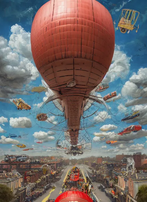 Prompt: wide - angle portrait of tin toy airship parade, depth of field, zeiss lens, detailed, symmetrical, centered, fashion photoshoot, by nicoletta ceccoli, mark ryden, lostfish, earl nore, hyung tae, frank frazetta, breathtaking, 8 k resolution, extremely detailed, beautiful, establishing shot, artistic, hyperrealistic, octane render