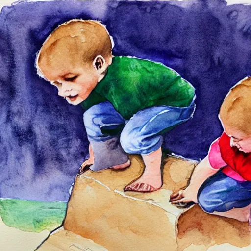 Prompt: kids playing the game the floor is lava, watercolour