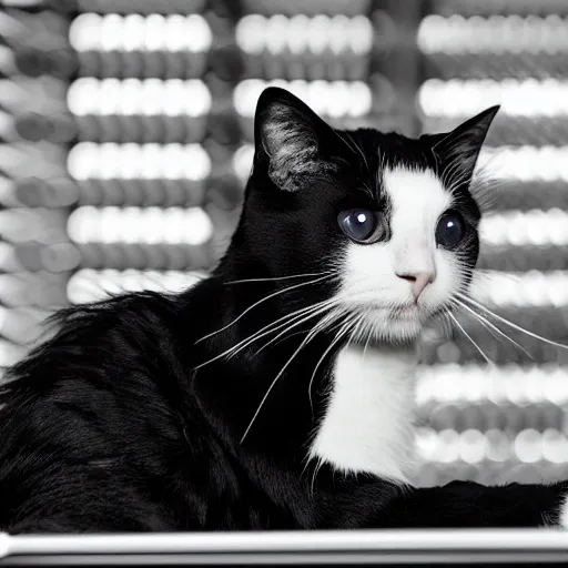 Prompt: black and white cat with a mullet watching his favorite show on TV, 4k,