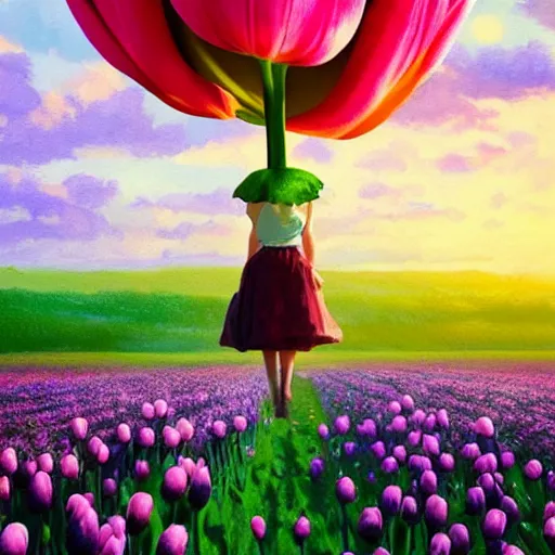 Image similar to girl with one single giant tulip as a head, surreal photography, flower field, sunset dramatic light, impressionist painting, colorful clouds, blue sky, digital painting, artstation, simon stalenhag