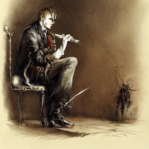 Image similar to ( ( ( ( ( van helsing lighting a cigar, gothic, dark. muted colors. ) ) ) ) ) by jean - baptiste monge!!!!!!!!!!!!!!!!!!!!!!!!!!!