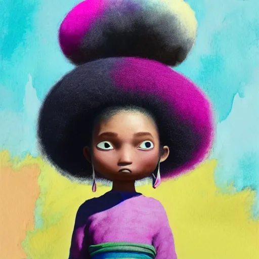 Image similar to a black girl with a colorful afro and big beautiful eyes dressed like a samurai, bright colours, watercolor, volumetric wool felting, macro photography, children illustration, by goro fujita